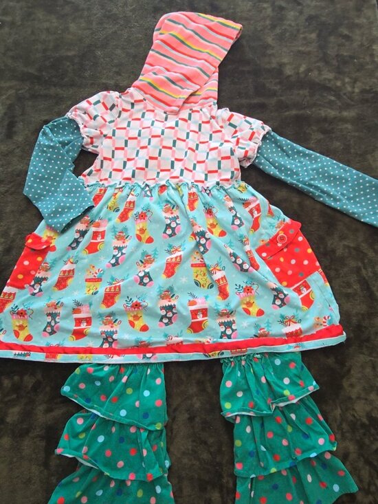 The Happy Hill Other - The Happy Hill Girls Christmas Hooded Dress & Ruffle Pants Set - Stockings, Sz 1